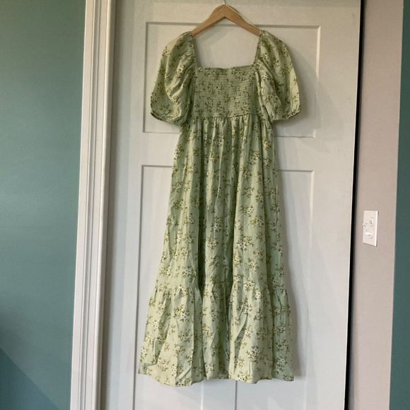 Pleated Tiered Midi Floral Dress Puff Sleeves Medium Mint - Picture 2 of 7